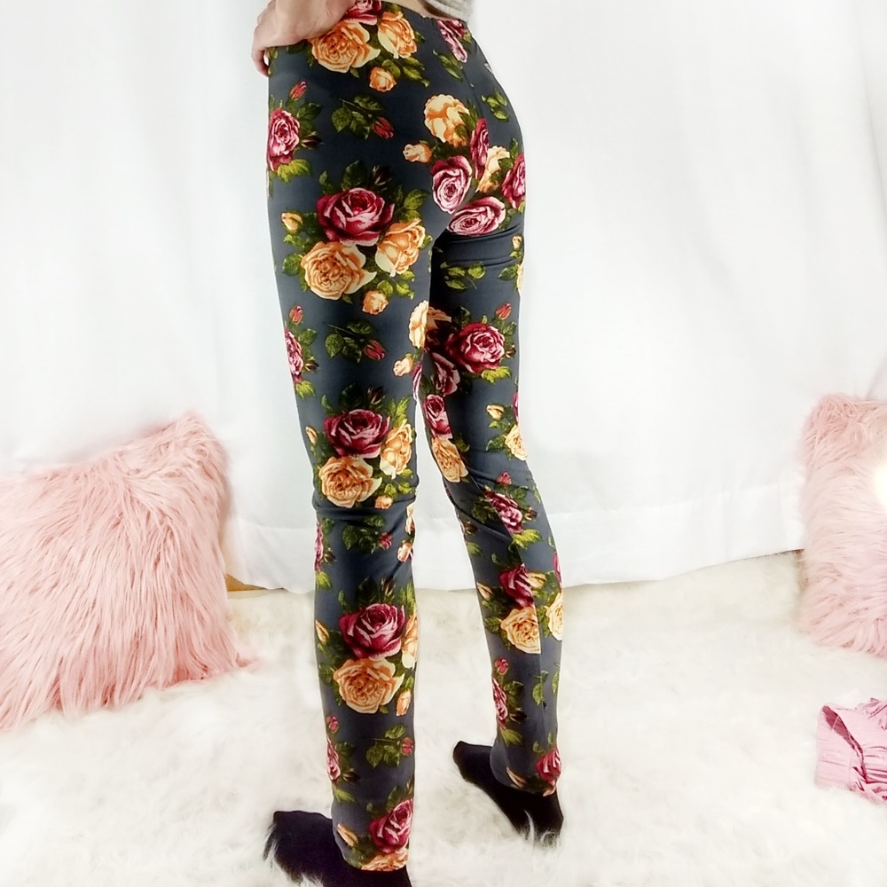 Womens Gray Floral Print Leggings - Picture 4 of 6